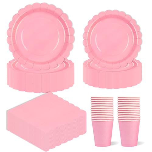 EVYIENEN 96 Stück Rosa Partygeschirr, Fächer Geburtstag Party Pappteller Becher Servietten Partyteller Partyset Süße Party,für Geburtstag Kinder von EVYIENEN