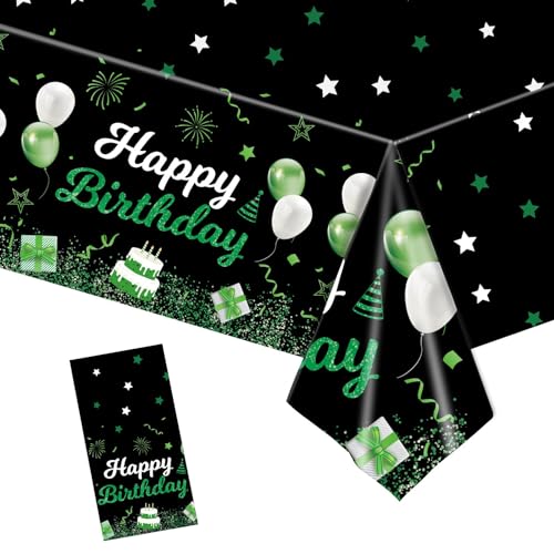 EVYIENEN Happy Birthday-Tischdecke, 137 x 274 cm, Grün und Schwarz, Kunststoff, Einweg-Tischdecke für Mädchen und Jungen, Geburtstagsparty-Zubehör, Party-Dekorationen von EVYIENEN