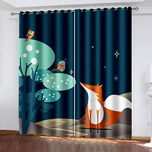 EWGYH Verdunkelnd Ösenschal Gardinen Blau Cartoon Fuchs 213X132Cm Kinder Gardinen Ösen Gardine Thermo Schlafzimmer Vorhänge Dekoratives von EWGYH