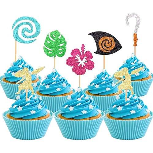EWHO Cupcake-Topper mit Moana-Motiv, glitzernd, Palmblatt-Blume, Moana, Cupcake-Picks, Hawaii-Geburtstagsparty-Dekoration für tropische Luau-Sommerparty, Babyparty, Hochzeit, 30 Stück EWHO Cupcake-Topper mit Moana-Motiv, glitzernd, Palmblatt-Blume, Moana, Cupcake-Picks, Hawaii-Geburtstagsparty-Dekoration für tropische Luau-Sommerparty, Babyparty, Hochzeit, 30 Stück von EWHO