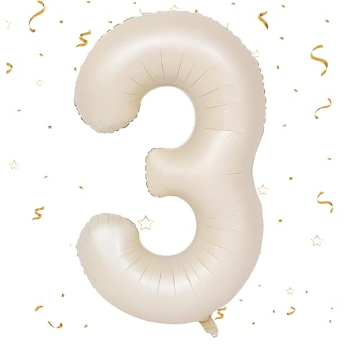 EWODEIEW Zahlen Luftballon 3 Beige,40 Zoll Luftballon Zahlen 3 Folien Ballon,Luftballon 3. Geburtstagsdeko Mädchen Riesen Folienballon 3. for Mädchen Jungen Birthday Party Geburtstag Dekor von EWODEIEW