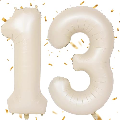 EWODEIEW Luftballon Zahlen 13 Beige,40 Zoll Beige Luftballon 13，Sandweiß Zahlenballon 13 Helium Ballon Folienballon 13. Geburtstagsdeko for Mädchen Jungen Birthday Party Geburtstag Dekor von EWODEIEW