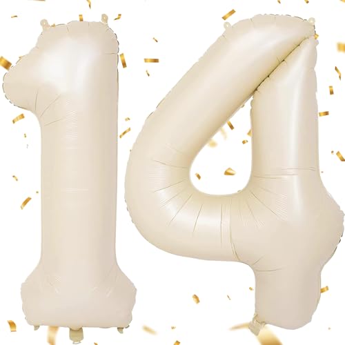 EWODEIEW Luftballon Zahlen 14 Beige,40 Zoll Beige Luftballon 14，Sandweiß Zahlenballon 14 Helium Ballon Folienballon 14. Geburtstagsdeko for Mädchen Jungen Birthday Party Geburtstag Dekor von EWODEIEW