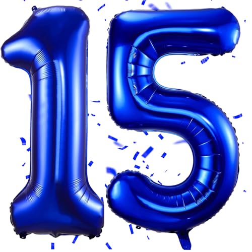 EWODEIEW Luftballon Zahlen 15 Blau,40 Zoll Blau Luftballon 15，Dunkelblau Zahlenballon 15 Helium Ballon Folienballon 15. Geburtstagsdeko for Mädchen Jungen Birthday Party Geburtstag Dekor von EWODEIEW
