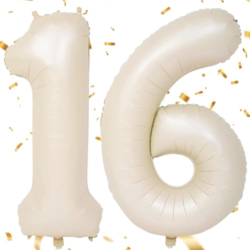 EWODEIEW Luftballon Zahlen 16 Beige,40 Zoll Beige Luftballon 16，Sandweiß Zahlenballon 16 Helium Ballon Folienballon 16. Geburtstagsdeko for Mädchen Jungen Birthday Party Geburtstag Dekor von EWODEIEW