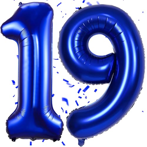 EWODEIEW Luftballon Zahlen 19 Blau,40 Zoll Blau Luftballon 19，Dunkelblau Zahlenballon 19 Helium Ballon Folienballon 19. Geburtstagsdeko for Mädchen Jungen Birthday Party Geburtstag Dekor von EWODEIEW