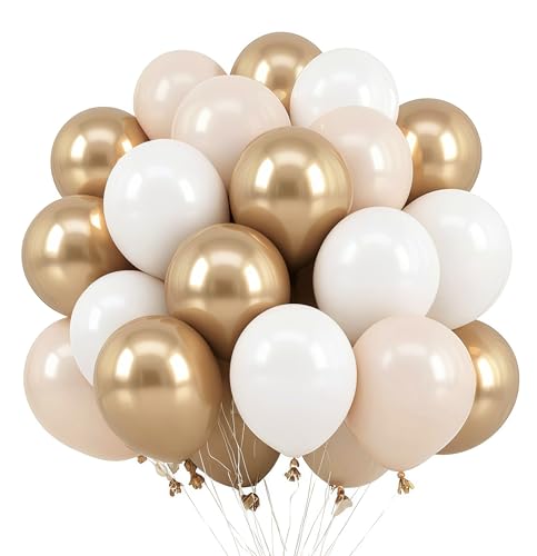 EWODEIEW Luftballons Beige Gold, 60 Stück Metallic Gold Mattes Weiß Helium Ballon, Creme Weiss Gold Konfetti Latex Ballons für Boho Geburtstag Hochzeit Frauen Abschluss Party Babyparty von EWODEIEW