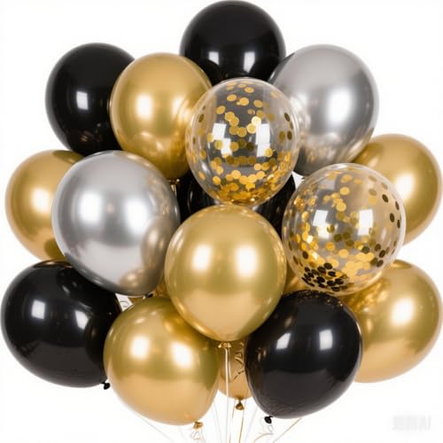 EWODEIEW Luftballons Schwarz Gold， 12 Zoll 5 Zoll SKYIOL Latex Ballons Goldene Konfetti Luftballons Metallic Ballons mit Girlande Streifen für Hochzeit Abschluss EID Silvester Neujahr Deko von EWODEIEW