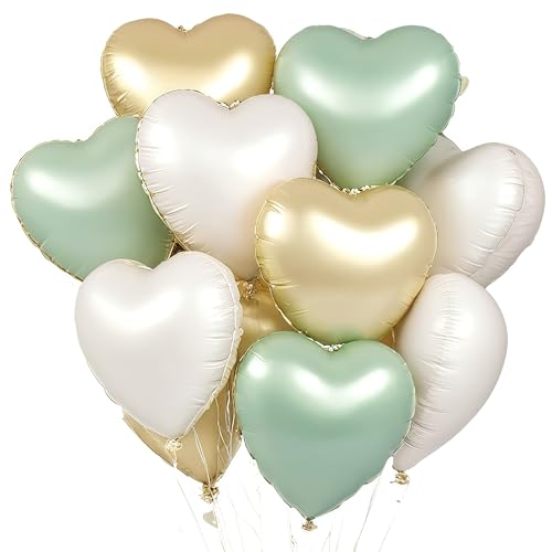 Herz Folienballons, 18 Zoll Herz Helium Luftballons,Herzluftballons Beige Grün Gold,Hochzeit Herzballons Herzform Folienluftballon, Herzluftballons Valentinstag Geburtstag Verlobung Muttertag von EWODEIEW