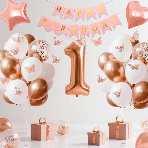 Luftballon 1. Geburtstag,Deko 1. Geburtstag Junge Mädchen,Geburtstagsdeko 1 Jahr,Happy Birthday Girlande Luftballons 1. für 1 jahr Mädchen (Rosegold Weiß) von EWODEIEW