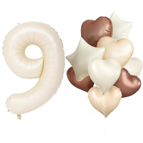 Luftballon 9. Geburtstag,Beige Geburtstagsdeko 9 Jahr mit Riesen folienballon 9 Cream Aprikose Braun Herz Stern Folienballons für 9. Geburtstag Junge Mädchen Geburtstagdeko Party von EWODEIEW