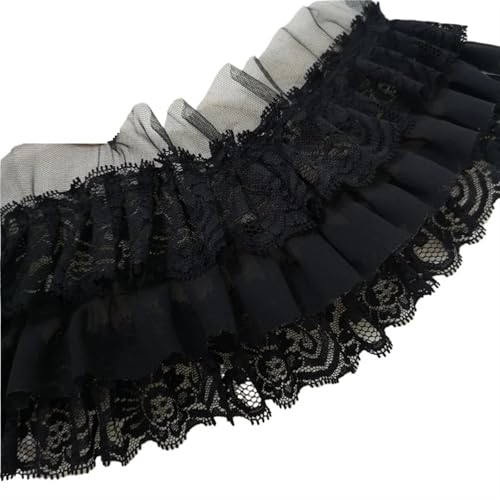 11CM Wide Three Layers Pleated Chiffon Fabric Lace Embroidery Fringe Ribbon Ruffle Trim Dolls Clothes Dress Sewing Decor(Black) von EWUHYFP