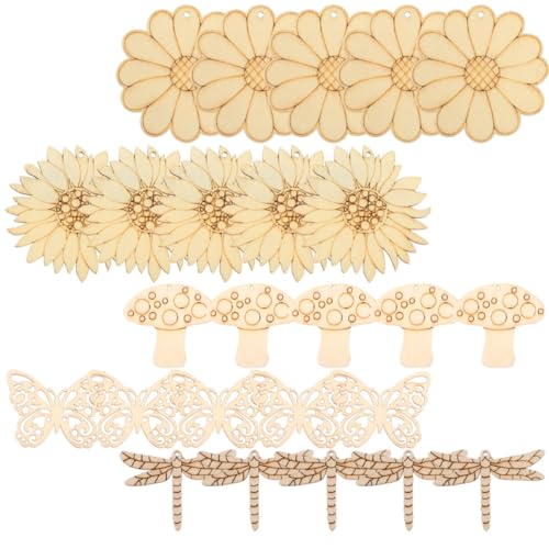 EXAOMBLE 50Sätze Unvollendete Holzscheiben DIY Malmaterialien für Bastelprojekte Designs Regenbogenblume Libelle Schmetterling Leicht zu Bemalen von EXAOMBLE