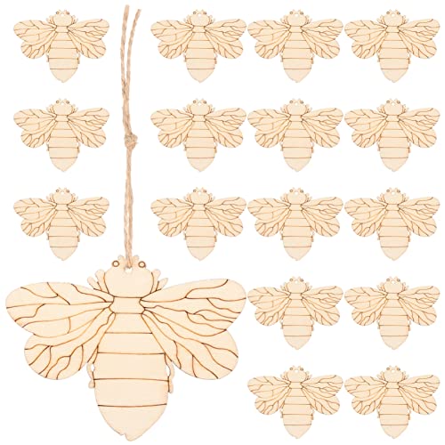EXCEART 50 Sets Bienen-Holzscheibe Unfertige Holzscheiben Basteln Ornamente mit Loch Und Hanfseil für Frühling Sommer Bienenfest Partydekoration DIY-Malerei Färbehandwerk von EXCEART