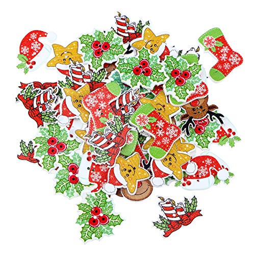 EXCEART 50 Stück Weihnachts-Knöpfe aus Holz, gemischte Muster, Nähknöpfe mit 2 Löchern, Knöpfe für Weihnachten, DIY Handwerk (gemischte Muster) von EXCEART