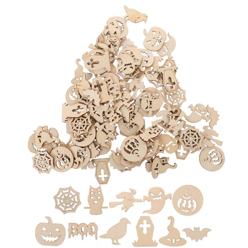 EXCEART Spukhaus-Anhänger, Dekoration, Mini-Etiketten, Kunst und Handwerk für Ausschnitte, blanko, verschiedene Formen, Halloween, Holzstücke, Holzornament, Holzspäne, Cartoon-Haus, 200 Stück von EXCEART