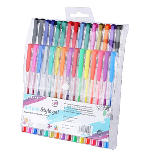 EXERZ 30stk farbige Gelstifte in einer Plastiktasche, feine Tinten-Kugelschreiber, kräftige Farben, Glitzer-Stifte enthalten, neon, metallic und klassiche Farben von EXERZ