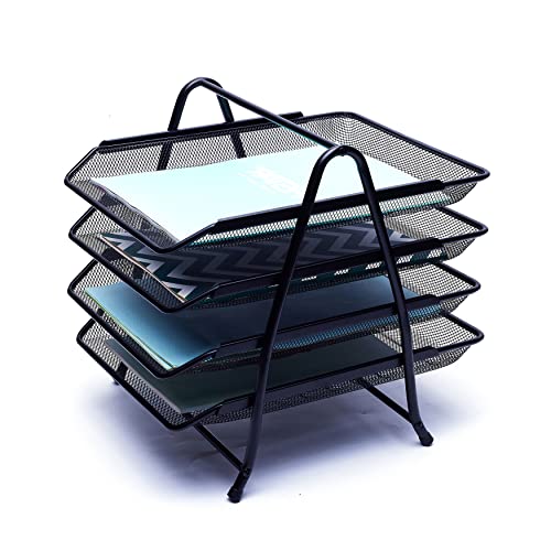 EXERZ Briefablagen 4 Ebenen, freistehender Papiersortierer, Schreibtisch-Organizer, Aktenhalter,Drahtgitter-Metall-Aktenregal - Büro, Schule, Zuhause, Arbeitszimmer (4 x schwarz) von EXERZ