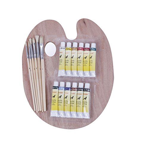 EXERZ Malerpinsel & Paletten Set - 6 Pinsel - 12 ungiftige Acrylfarben x 12ml - hölzerne Palette/Alles in einem von EXERZ