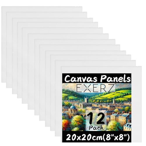 EXERZ Malkarton 20x20cm Großpackung mit 12 Leinwänden - 0.3cm dick 280GSM Kunstleinwandtafel 100% Baumwolle/Weiß - für Acrylfarben, Ölfarben - Dreifach Grundiert/Ohne Säure/Mittelkörnig von EXERZ