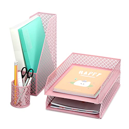 EXERZ Schreibtisch Organisator 4-teilig Büro-Set/Tischplatte Ablage Metallgitter Inklusive: A4 Briefablage x 1, A4 Zeitungsständer x 1, Briefhalter x1, Stifthalter x 1 (Hell-Pink) von EXERZ