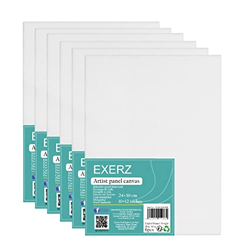 Exerz 24x30cm Malkarton 6er Set - Leinwand-Panele 0.3cm dick 280GSM 100% Baumwolle/Weiß - Kunstleinwandtafel für Acrylfarben, Ölfarben - Dreifach Grundiert/Ohne Säure/Mittelkörnig von EXERZ