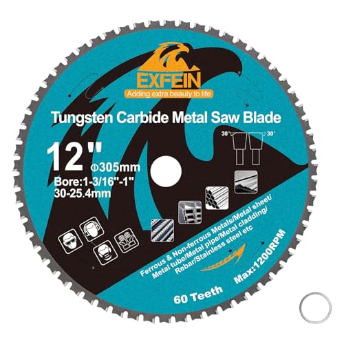 12 Zoll Metall Kreissägeblatt - EXFEIN Wolframkarbid bestückt TCT Sägeblätter mit 60 Zähnen für Stahl, Edelstahl, Nickel, Titan, Eisenmetalle, Stahlrohr von EXFEIN