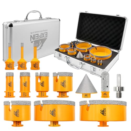 Diamant Fliesenbohrer Set 13 Stücke, EXFEIN M14 Diamant Lochsäge 6/6/8/20/25/35/50/68/100/125mm + 20mm Fingerfräser+50mm Fasenfräser+Adapter für Fliesen Keramik Porzellan Marmor Granit von EXFEIN