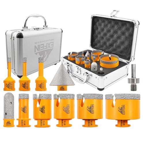 Diamant Fliesenbohrer Set 11 Stücke, EXFEIN M14 Diamant Lochsäge 6/8/10/20/35/40/50/68mm + 20mm Fingerfräser, 50mm Fasenfräser, Adapter für Fliesen Keramik Porzellan Marmor Granit von EXFEIN