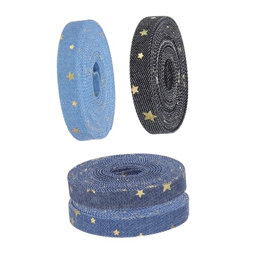 EXHUMKY 4 Rollen Denim-bandbesatz Mit Goldenem Sternmuster, Polyester-jeansstoffband Für Die Herstellung Von Diy-schleifen, Kleidungszubehör, Partydekorationen, 1 Cm von EXHUMKY