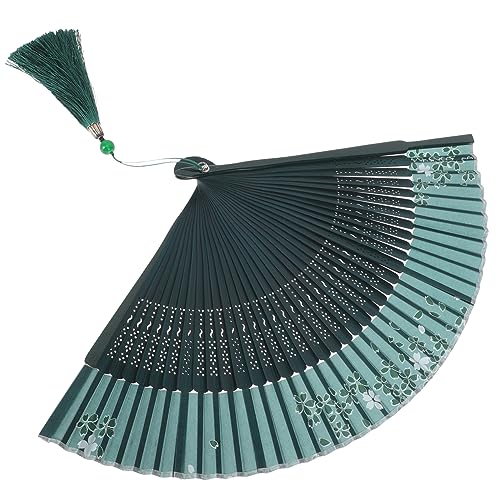 EXHUMKY Handfächer Vintage Faltfächer mit Blumenmuster Dekorativer Handfächer für Tanz Cosplay und Sommerpartys Leicht und Tragbar S Form mit Grünen und Weißen Kirschblüten von EXHUMKY