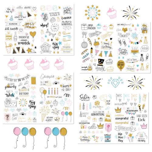 4 Stück Sticker Geburtstag 225 Motive, Aufkleber Geburtstag für Fotoalbum, Sticker Gästebuch, Geburtstagssticker Kinder Erwachsene Aufkleber für Gästebuch Geburtstag, Fotoalbum, Grußkarte, Geschenke von EXIN DECHEN