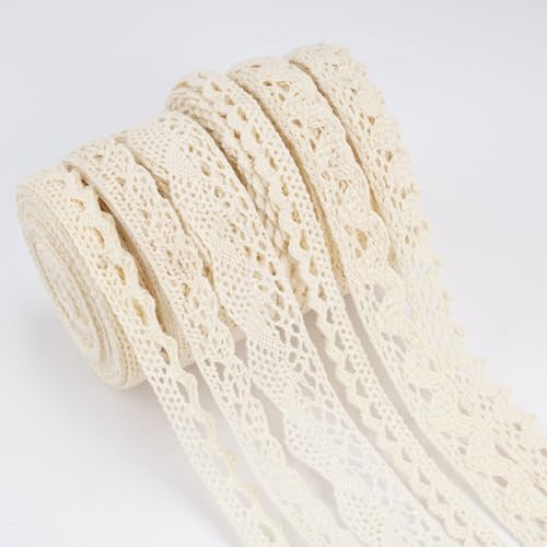 6 Rollen Spitzenband Beige, 30M Schleifenband Spitze Vintage, Spitzenstoff Spitzenborte Geschenkband, Creme Spitzenbordüre Zierband, Baumwolle Spitze Band für Nähen, Hochzeitsdekoration, DIY Handwerk von EXIN DECHEN