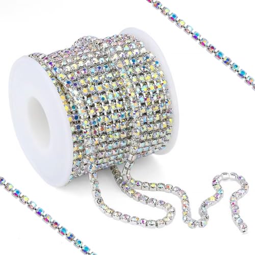 Strassband Silber 10 Yards 2 mm AB Farbe Strassband zum Aufnähen, Strassband Rhinestones, Strasssteine Klaue Kette, Glitzerstein Band für Kunsthandwerk Kleidung Nähen Schmuck DIY Hochzeits Dekoration von EXIN DECHEN