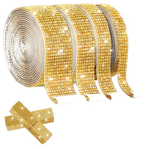 4 Rollen Strassband Selbstklebend, Glitzerband, Kristall-Aufkleber, Zum Aufnähen, Glitzersteine, für Kunst Handwerk, DIY Dekoration, Hochzeit (Gold) von EXIN DEHCEN