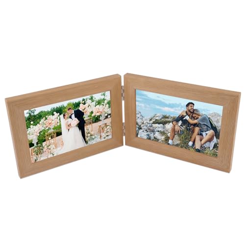 Bilderrahmen Doppelt Klappbare, Doppelbilderrahmen 10x15, Klappbarer Fotorahmen,Doppelter Bilderrahmen Faltbar 2 Fotos,Doppelbilderrahmen Holz,für Tischausstellung oder Geschenke(Holzfarbe,Querformat) von EXIN DEHCEN