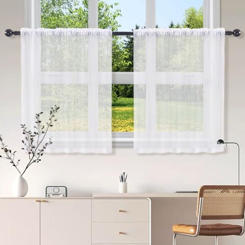 Bistrogardine Küche, 2 Stück Küchen Gardinen, Halbtransparent Gardine Küche, Fenster Gardine, Kurzgardine, Vorhang Küche, für Küche/Badezimmer Fenster Vorhänge Wohnwagen (Weiß,B 76 x H 60 cm) von EXIN DEHCEN