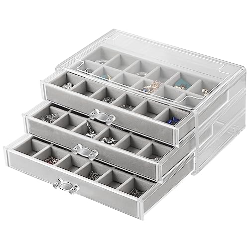 EXLECO 3 Schubladen Ohrring Aufbewahrungs Schmuckkästchen für Damen Jewelry organizer Aufnehmbare Tabletts Schmuckaufbewahrung Acryl Transparent Schmuckschatulle Schmuckschublade für Ring Halskette von EXLECO