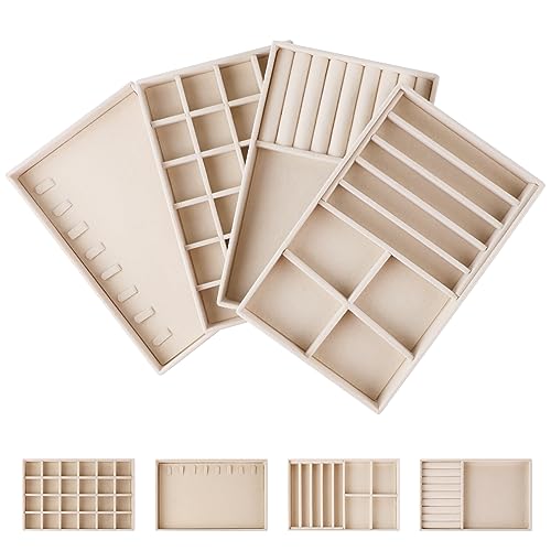 EXLECO 4er Groß Schmucktablett Samt Schmuckaufbewahrung Aufnehmbar Schmuck Organizer Schublade Schmuckkästchen ersetzt Tablett für Damen Mädchen Ringe Ohrring Brosche Kette Anhänger Beige 24*15cm von EXLECO