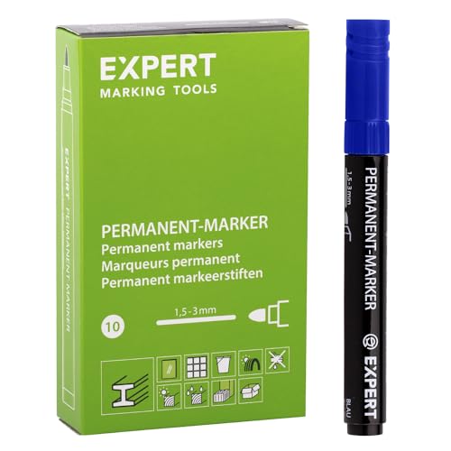 EXPERT Permanentmarker Blau | Rundspitze, wasserfest & schnelltrocknend | Sicher ohne Xylol & Toluol | Ideal für Glas, Holz, Metall, Kunststoff | 10er Pack im Kartonetui von EXPERT