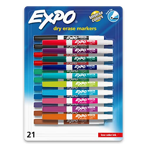 EXPO Whiteboard-Marker, trocken abwischbar, mit geruchsarmer Tinte, feine Spitze, verschiedene lebendige Farben, 21 Stück von EXPO