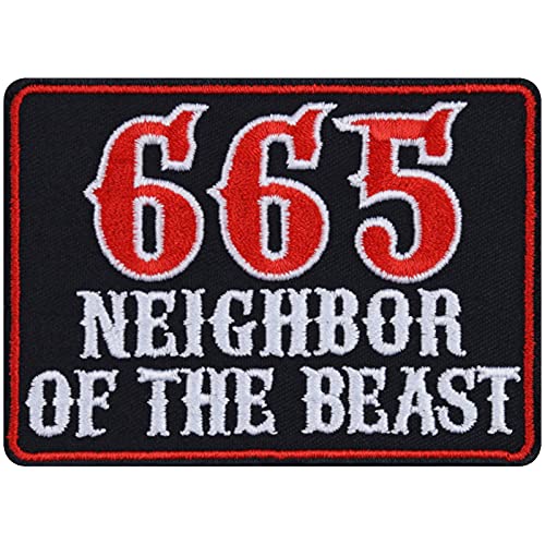 666 Aufnäher Heavy Metal "665 - Neighbor of the beast" Aufbügler/Patch zum annähen/aufbügeln | Rocker Bügelbilder Kutten Applikation für alle Stoffe | 90x65mm 666 Aufnäher Heavy Metal "665 - Neighbor of the beast" Aufbügler/Patch zum annähen/aufbügeln | Rocker Bügelbilder Kutten Applikation für alle Stoffe | 90x65mm von EXPRESS-STICKEREI