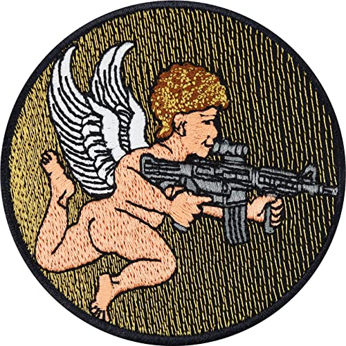 Angel with machine gun | Engel mit Maschinengewehr MG Aufnäher gestickt Engel Figur Aufbügler Anti Valentinstagsgeschenk Cupido Applikation zum annähen/aufbüglen | 80x80mm von EXPRESS-STICKEREI