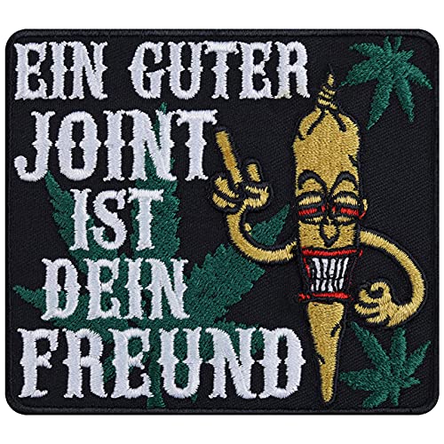 Hanfblatt Aufnäher zum annähen/aufbügeln "Ein guter Joint ist dein Freund" Rastafari Aufbügler Weed Patch Jeans Flicken/Bügelbild Cannabis Sticker Hippie Applikation für alle Stoffe | 90x80mm von EXPRESS-STICKEREI