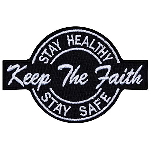 Aufnäher "KEEP THE FAITH - STAY HEALTHY & SAFE" Biker Patch/Bügelbild/Flicken für Jeans | Aufbügler für Reisekoffer | Applikation zum annähen/aufbügeln für alle Stoffe | 90x60mm Aufnäher "KEEP THE FAITH - STAY HEALTHY & SAFE" Biker Patch/Bügelbild/Flicken für Jeans | Aufbügler für Reisekoffer | Applikation zum annähen/aufbügeln für alle Stoffe | 90x60mm von EXPRESS-STICKEREI