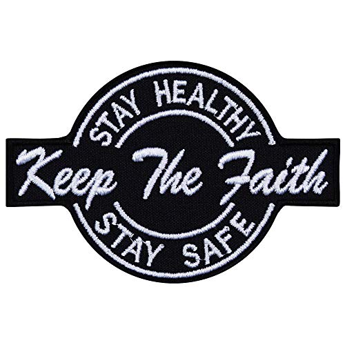 Aufnäher "KEEP THE FAITH - STAY HEALTHY & SAFE" Biker Patch/Bügelbild/Flicken für Jeans | Aufbügler für Reisekoffer | Applikation zum annähen/aufbügeln für alle Stoffe | 90x60mm von EXPRESS-STICKEREI