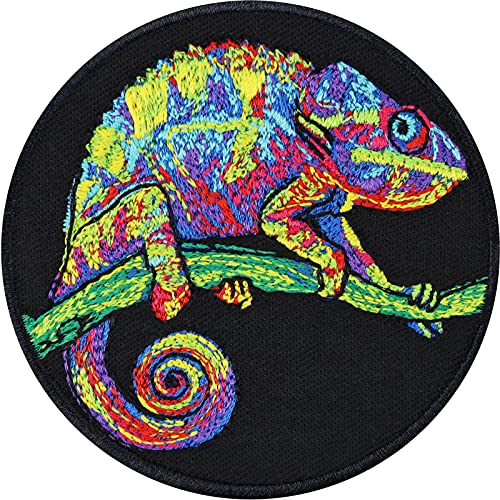 Aufnäher psychedelische Chamäleon Leguan Aufbügler Gecko Aufkleber gestickter Echsen Patch Chameleon Tattoo Maori Textil Deko Bügelbild Applikation zum annähen/aufbügeln 70x70mm von EXPRESS-STICKEREI