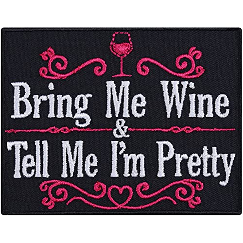 BRING ME WINE & TELL ME I'M PRETTY | Frauen Aufnäher mit Stickerei Spruch | Patch Weinliebhaber Geschenk Emblem zum aufbügeln DIY Applikation für Freundin/Kollegin | 90x70mm BRING ME WINE & TELL ME I'M PRETTY | Frauen Aufnäher mit Stickerei Spruch | Patch Weinliebhaber Geschenk Emblem zum aufbügeln DIY Applikation für Freundin/Kollegin | 90x70mm von EXPRESS-STICKEREI