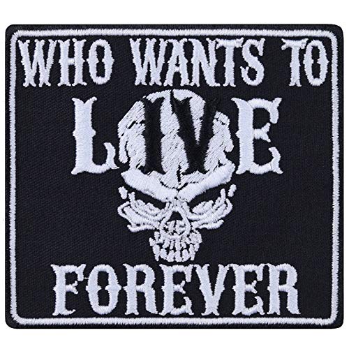 Biker Aufnäher/Aufbügler "Who wants to live forever" Totenkopf Patch zum annähen/aufbügeln | Heavy Metal Kutten Bügelbilder/Applikation für alle Stoffe | 90x80mm Biker Aufnäher/Aufbügler "Who wants to live forever" Totenkopf Patch zum annähen/aufbügeln | Heavy Metal Kutten Bügelbilder/Applikation für alle Stoffe | 90x80mm von EXPRESS-STICKEREI