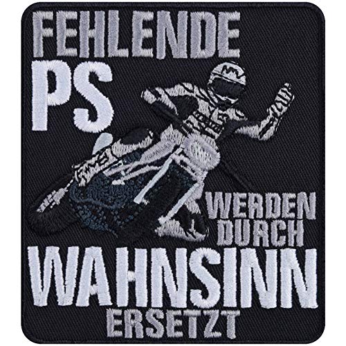 Biker Aufnäher "Fehlende PS werden durch Wahnsinn ersetzt" Aufbügler/Patch zum annähen Bügelbilder Geschenk Motorradfahrer Applikation für Jacke/Weste/Jeans/Boots/Motorradkoffer 80x90mm Biker Aufnäher "Fehlende PS werden durch Wahnsinn ersetzt" Aufbügler/Patch zum annähen Bügelbilder Geschenk Motorradfahrer Applikation für Jacke/Weste/Jeans/Boots/Motorradkoffer 80x90mm von EXPRESS-STICKEREI